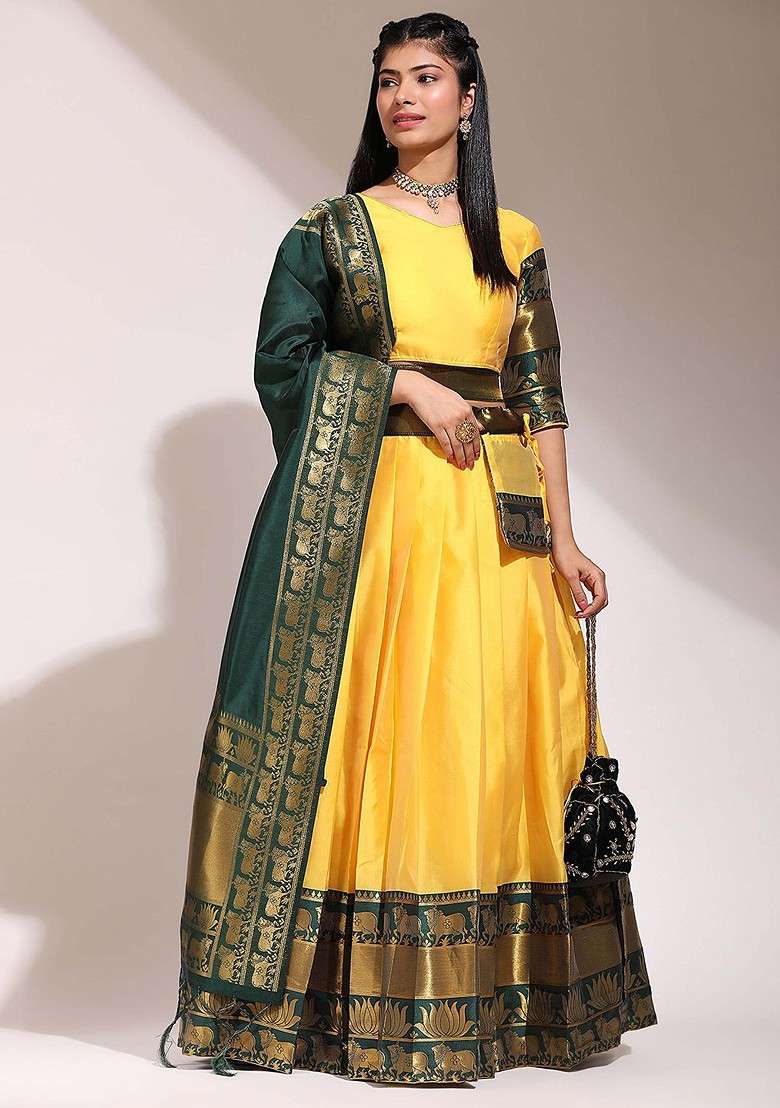 Yellow Woven Design Blended Lehenga Choli - Indya