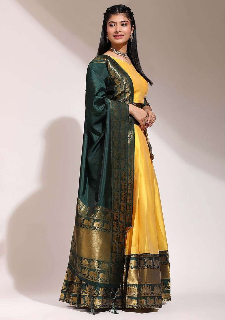 Yellow Woven Design Blended Lehenga Choli - Indya