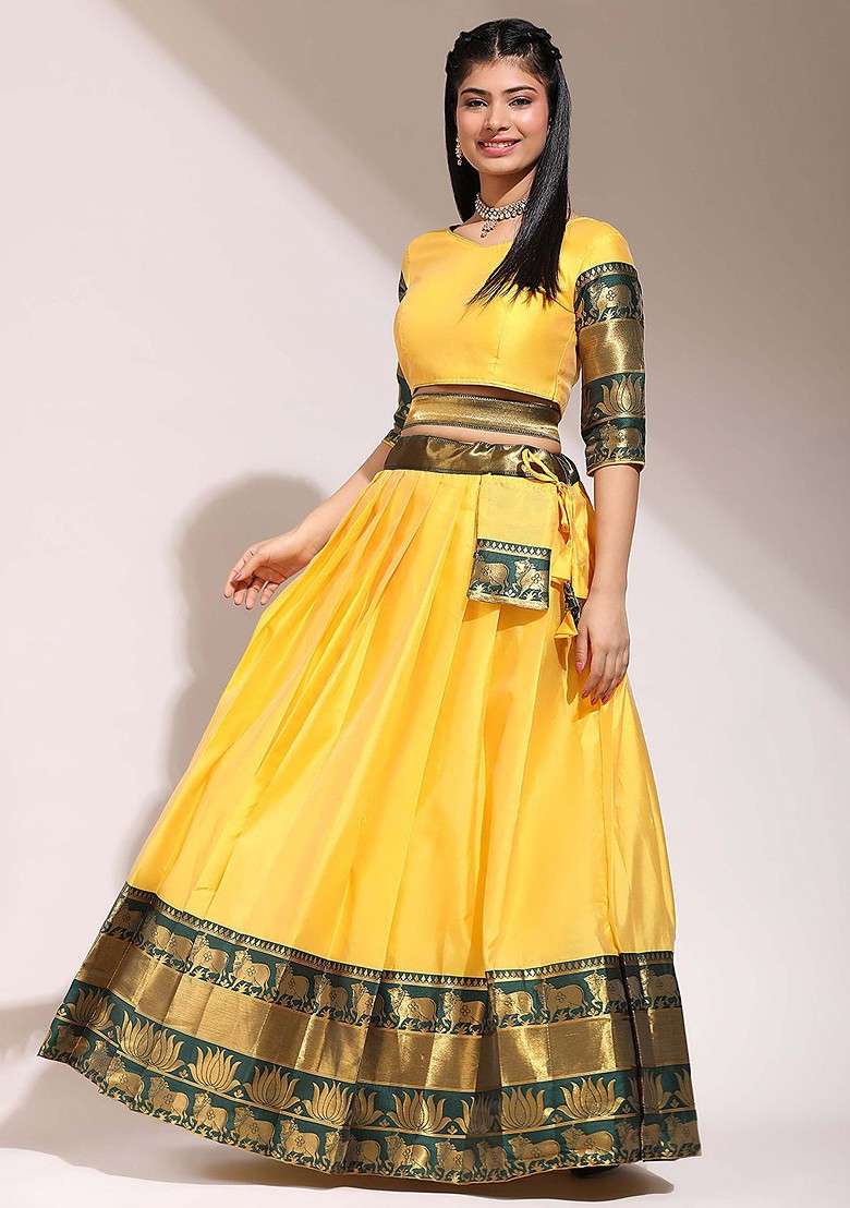 Yellow Woven Design Blended Lehenga Choli - Indya