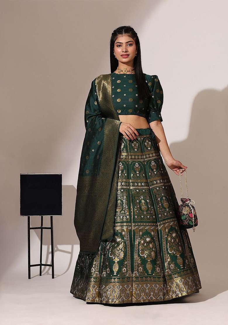 Green Zari Work Blended Lehenga Choli - Indya
