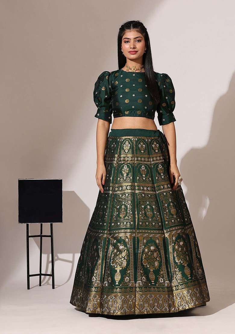 Green Zari Work Blended Lehenga Choli - Indya