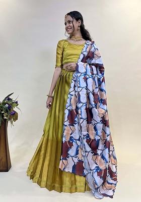 Yellow Woven Design Blended Lehenga Choli