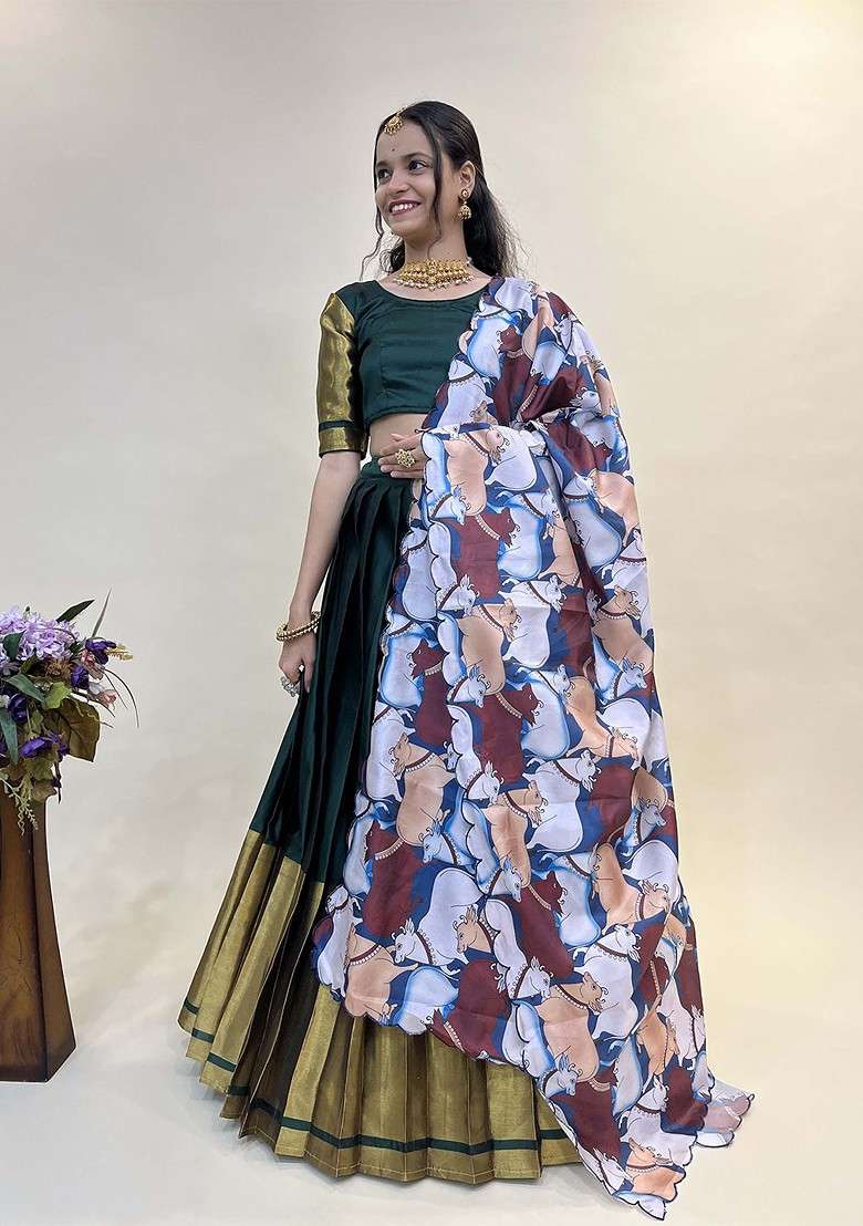 Green Woven Design Blended Lehenga Choli - Indya