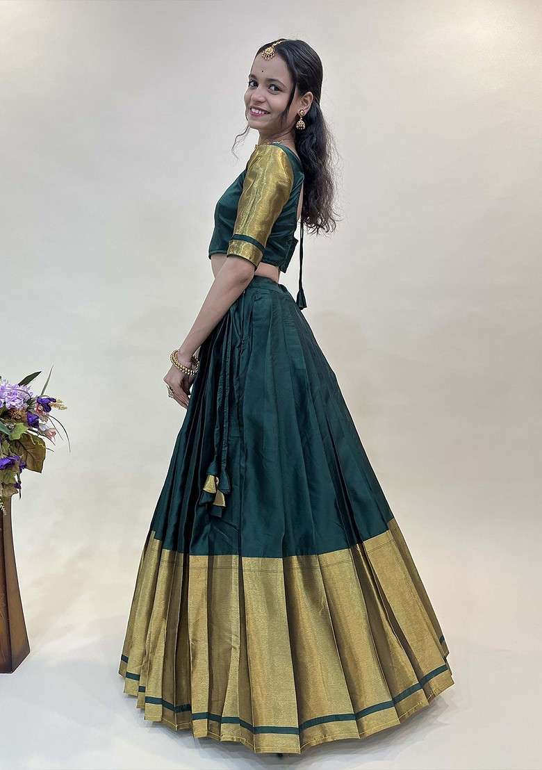 Green Woven Design Blended Lehenga Choli - Indya