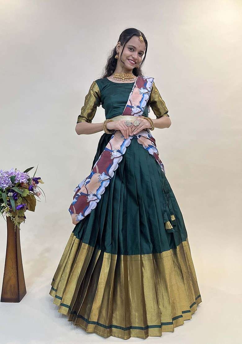 Green Woven Design Blended Lehenga Choli - Indya