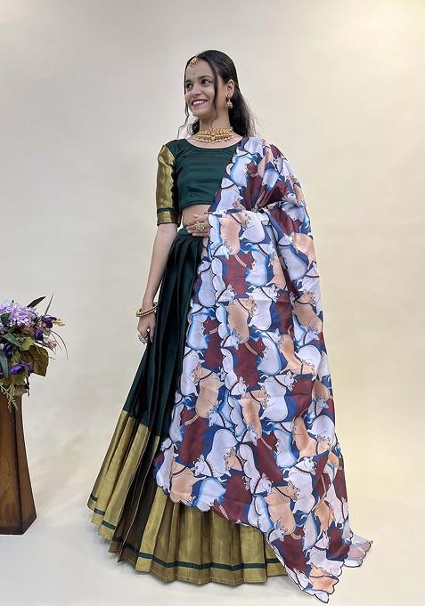 Green Woven Design Blended Lehenga Choli — view on Indya