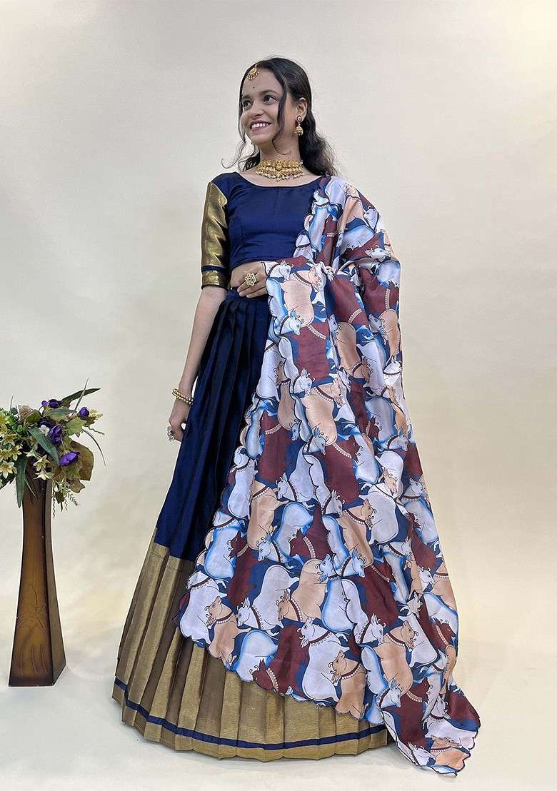 Navy Blue Woven Design Blended Lehenga Choli - Indya