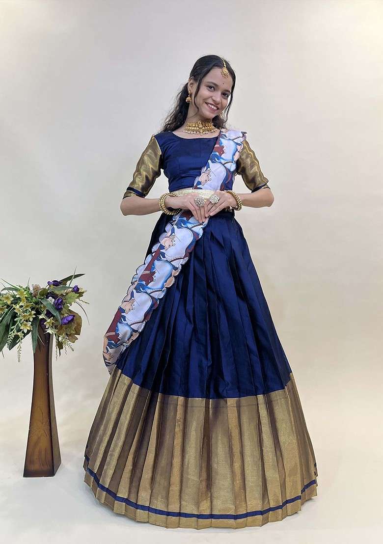 Navy Blue Woven Design Blended Lehenga Choli - Indya