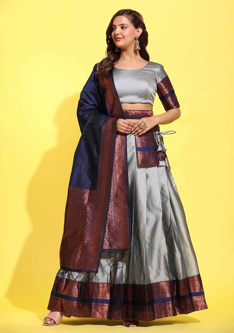 Grey Emboridered Blended Lehenga Choli - Indya
