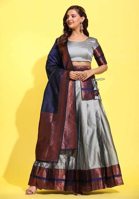 Grey Emboridered Blended Lehenga Choli