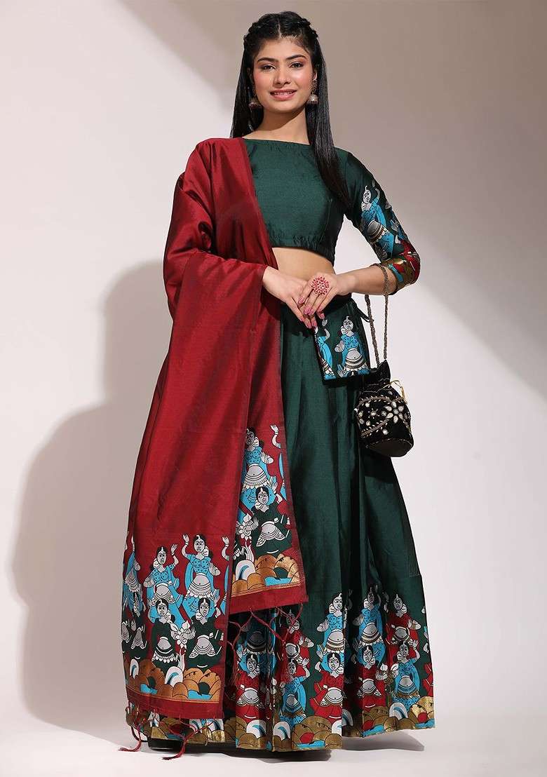 Green Printed Blended Lehenga Choli - Indya