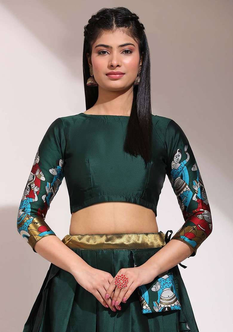Green Printed Blended Lehenga Choli - Indya