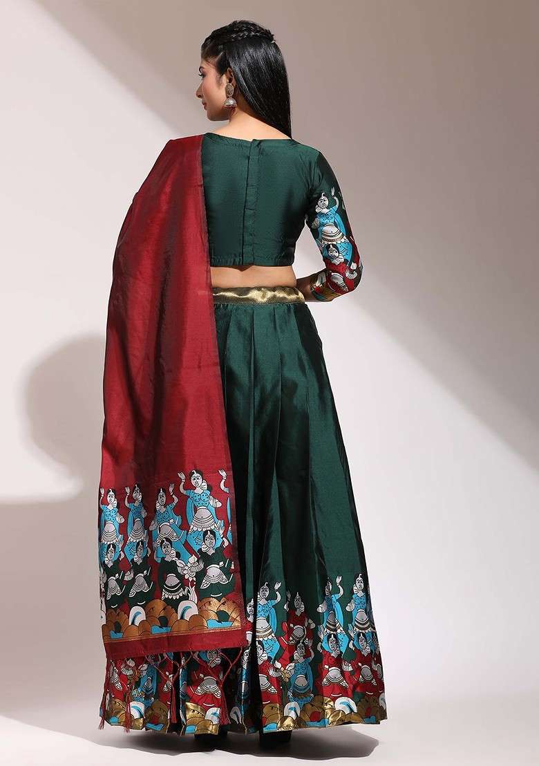 Green Printed Blended Lehenga Choli - Indya