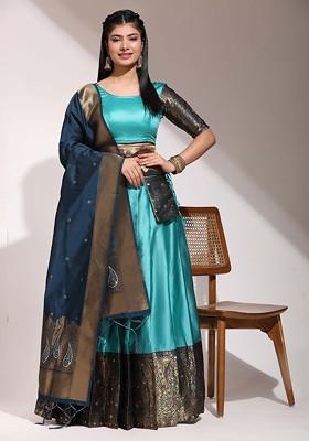 Sea Green Zari Work Blended Lehenga Choli