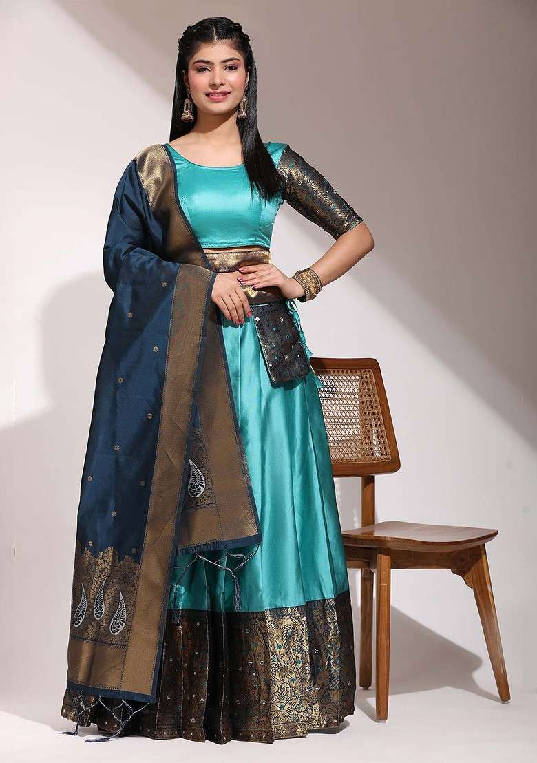 Sea Green Zari Work Blended Lehenga Choli - Indya