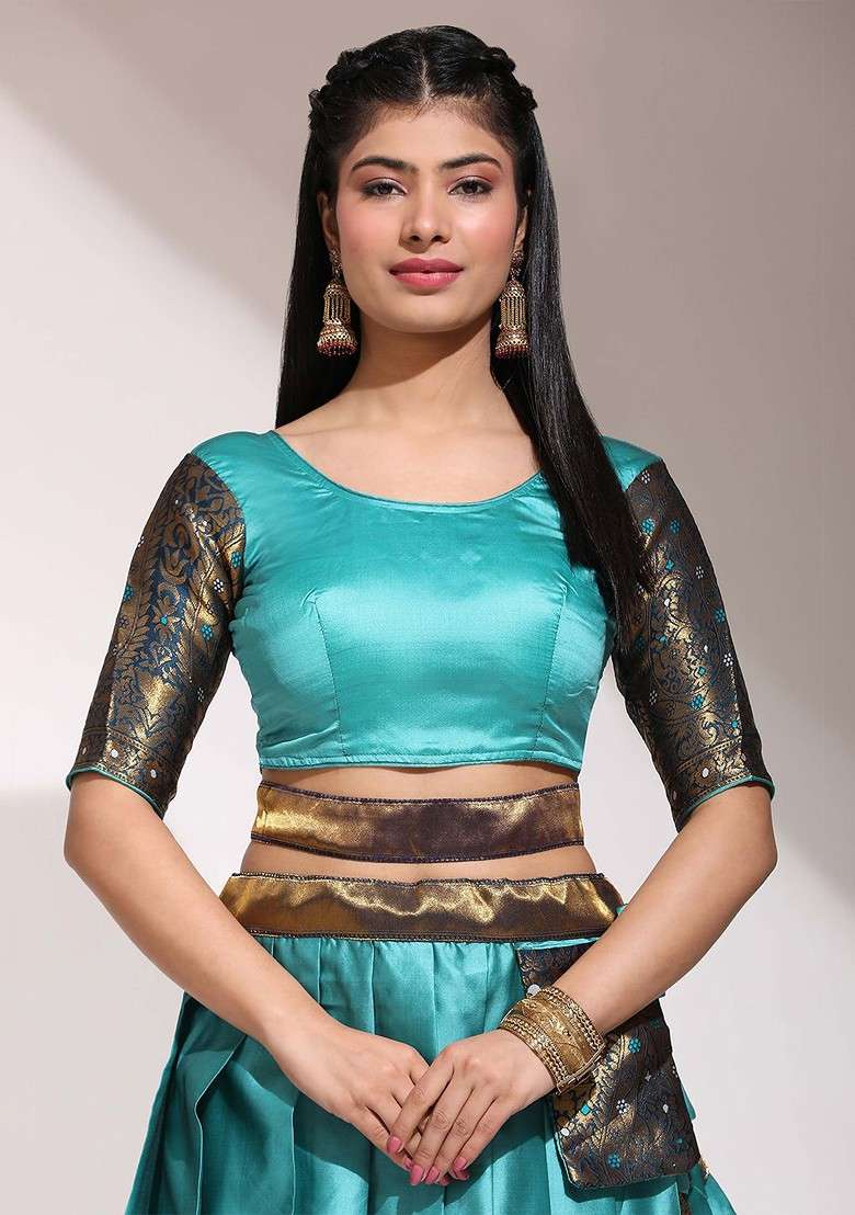 Sea Green Zari Work Blended Lehenga Choli - Indya