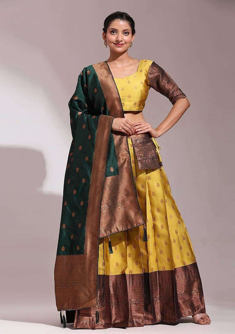Yellow Woven Design Blended Lehenga Choli - Indya