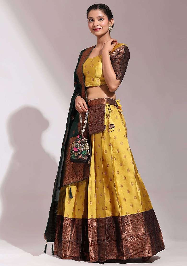 Yellow Woven Design Blended Lehenga Choli - Indya