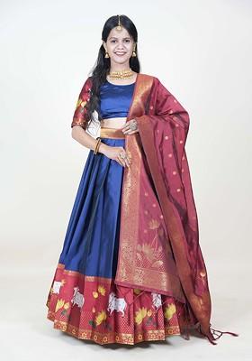 Navy Blue Printed Blended Lehenga Choli