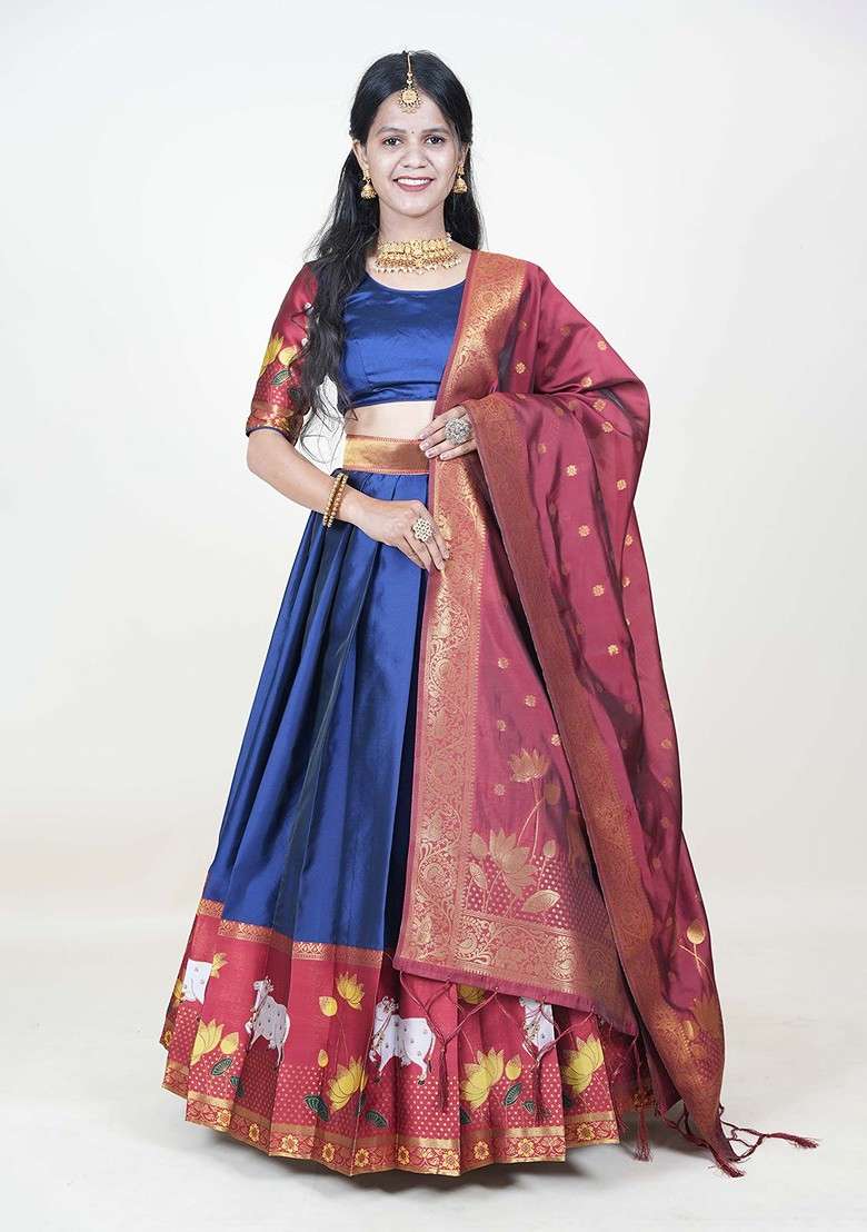 Navy Blue Printed Blended Lehenga Choli - Indya