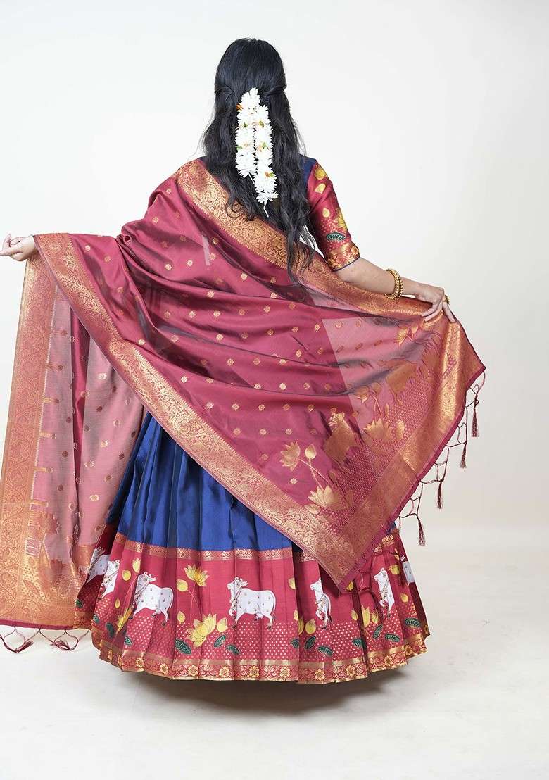 Navy Blue Printed Blended Lehenga Choli - Indya