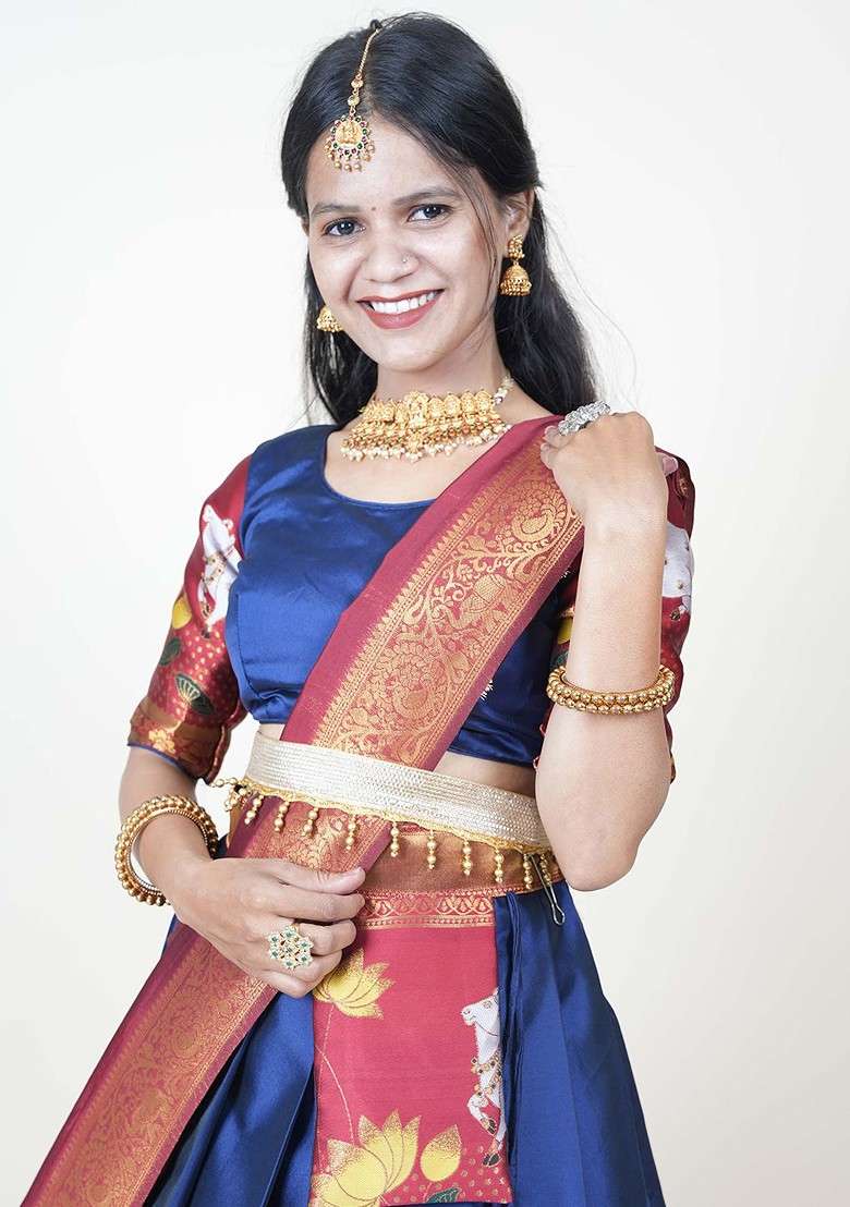 Navy Blue Printed Blended Lehenga Choli - Indya