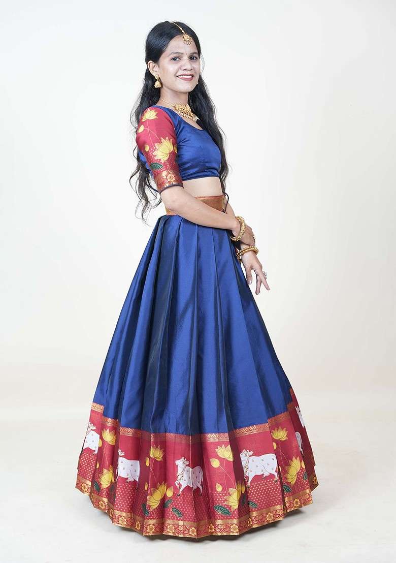 Navy Blue Printed Blended Lehenga Choli - Indya
