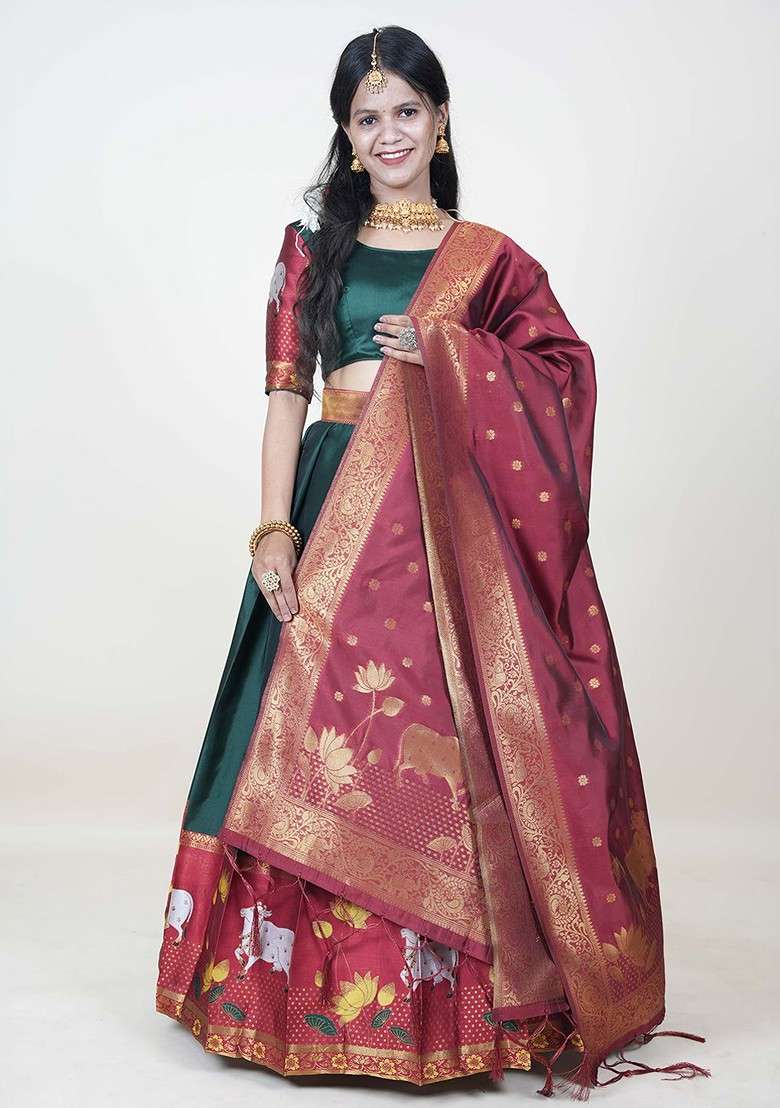 Green Printed Blended Lehenga Choli - Indya