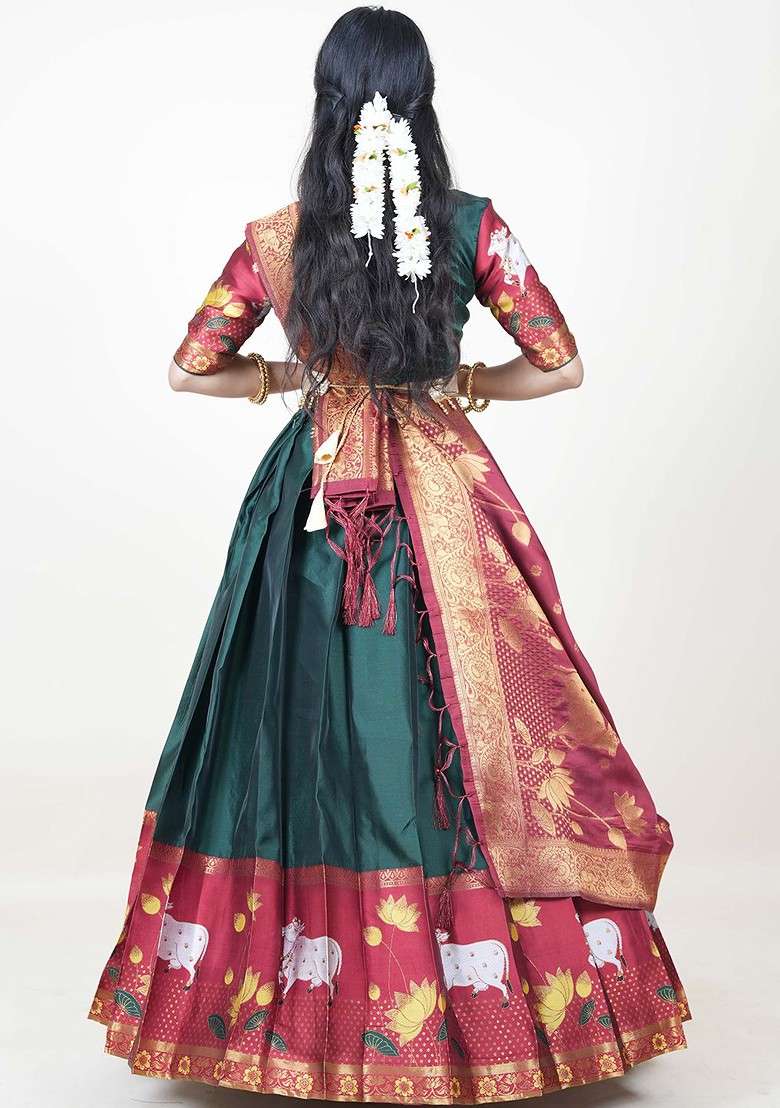 Green Printed Blended Lehenga Choli - Indya
