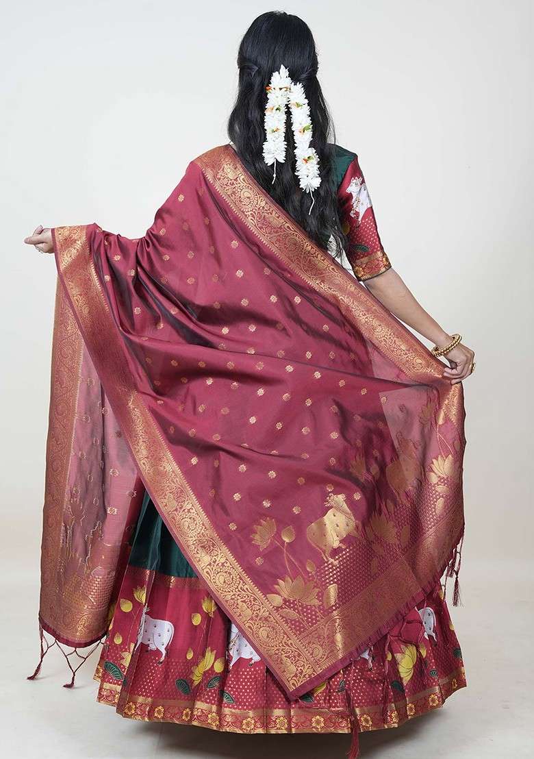 Green Printed Blended Lehenga Choli - Indya