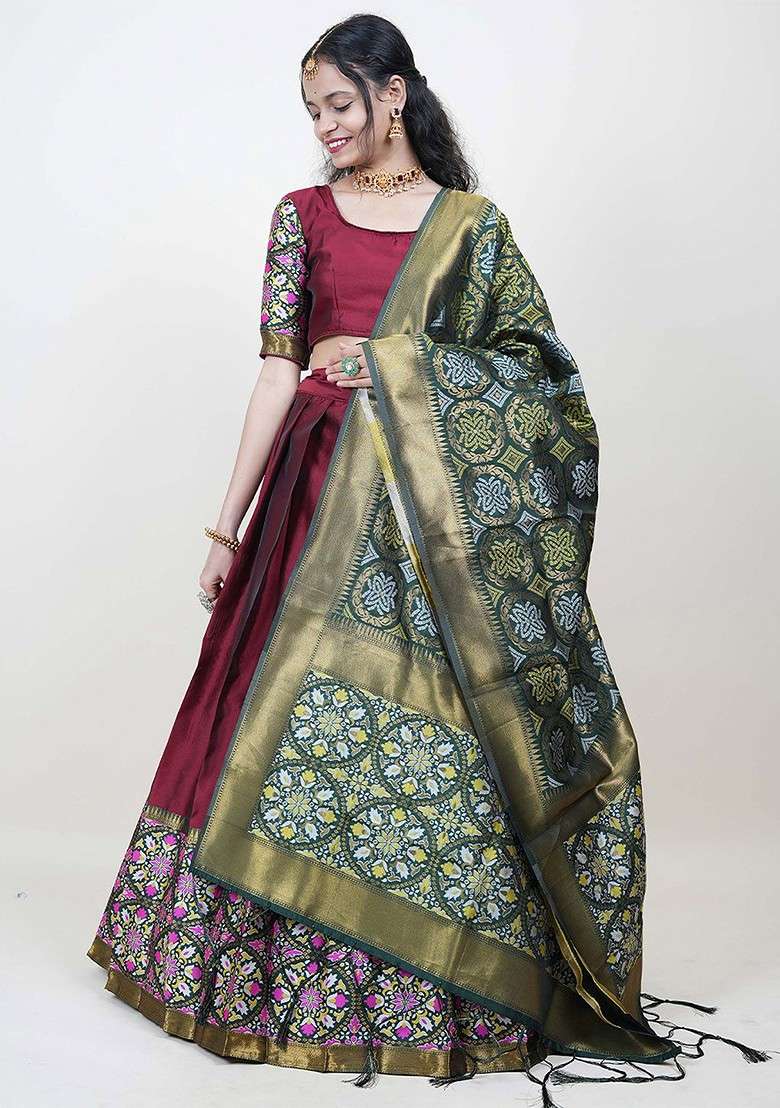 Maroon Woven Design Blended Lehenga Choli - Indya