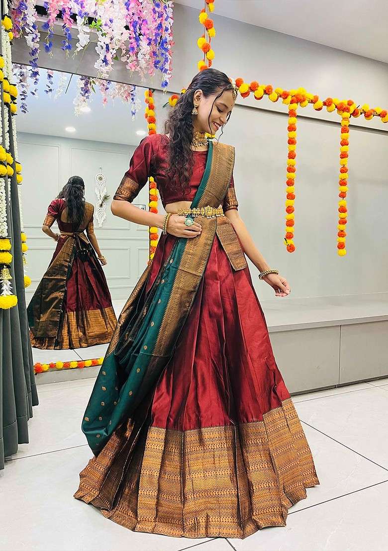 Maroon Woven Design Blended Lehenga Choli - Indya