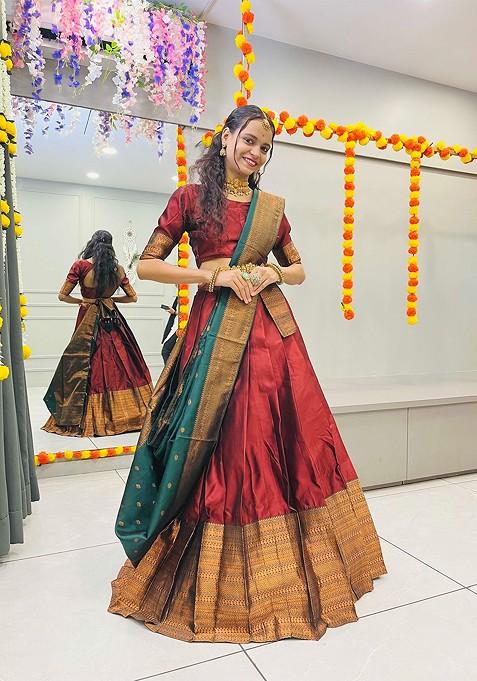 Maroon Woven Design Blended Lehenga Choli — view on Indya
