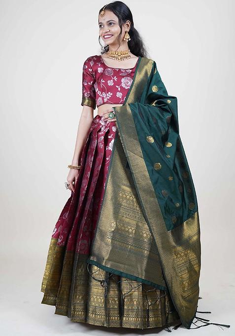 Maroon Woven Design Blended Lehenga Choli — view on Indya