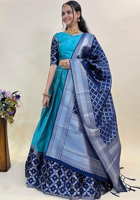 Turquoise Blue Emboridered Blended Lehenga Choli — view on Indya
