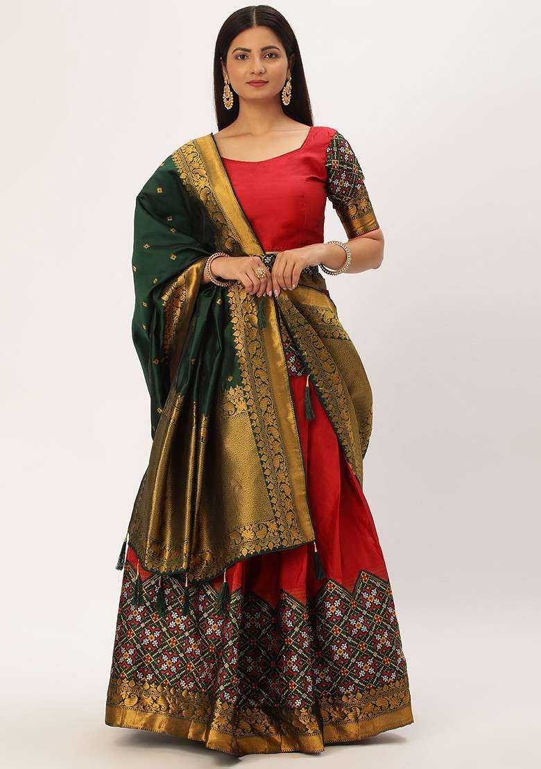 Red Zari Work Blended Lehenga Choli - Indya
