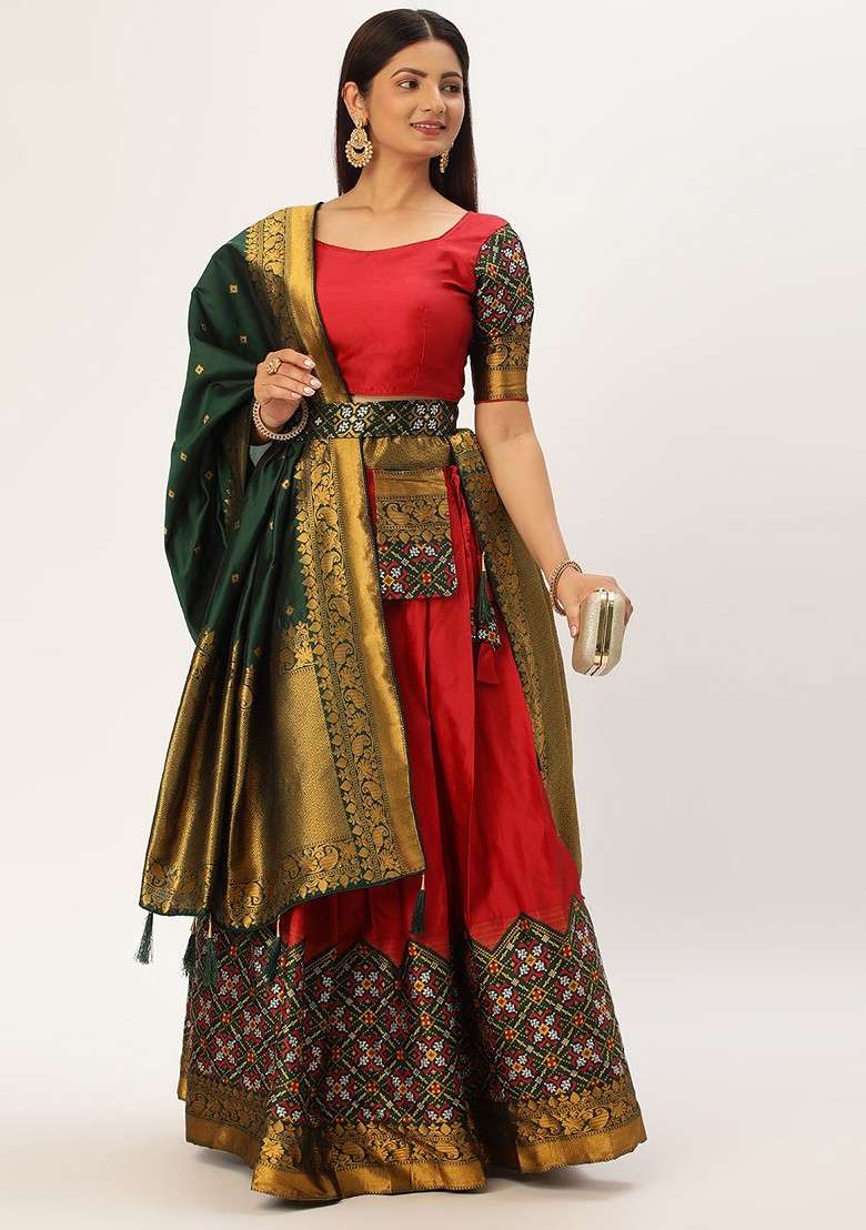 Red Zari Work Blended Lehenga Choli - Indya