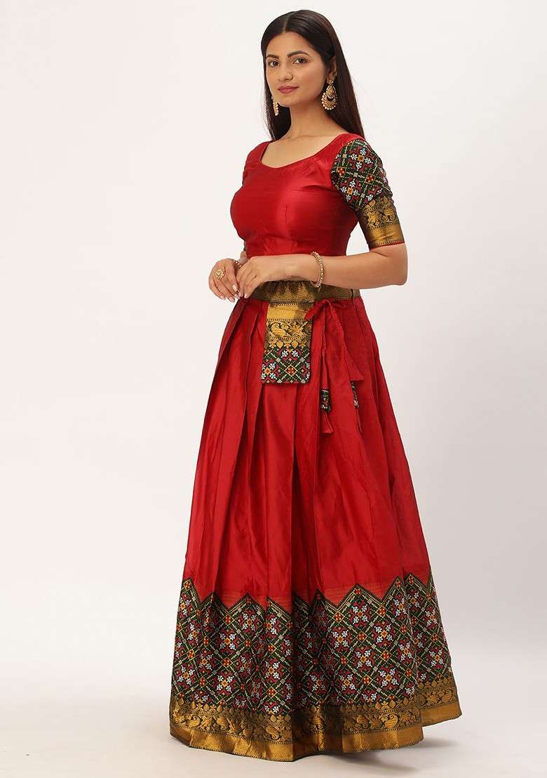 Red Zari Work Blended Lehenga Choli - Indya