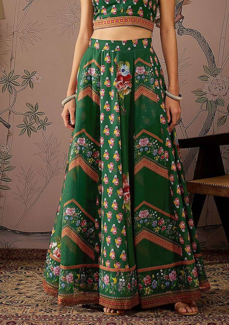 Green Blended Choli Lehenga with Printed for Diwali | Wedding & Festive Wear - Indya