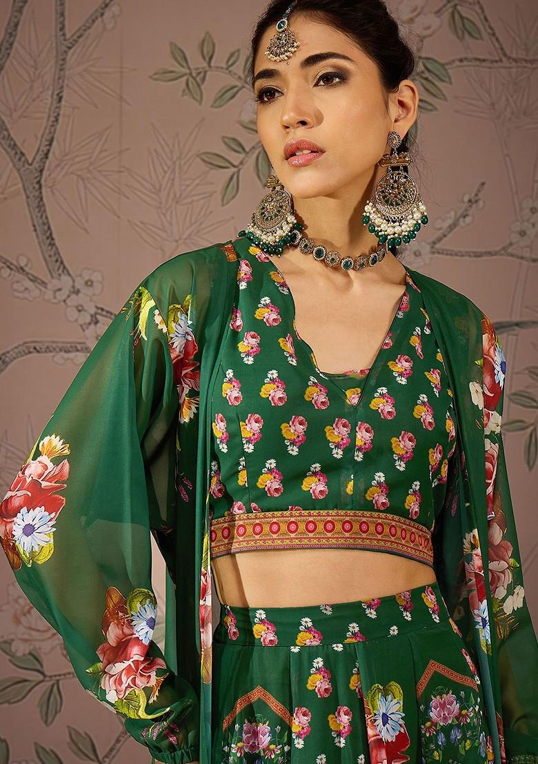Green Printed Blended Lehenga Choli - Indya