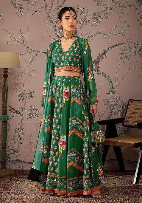 Green Printed Blended Lehenga Choli — view on Indya