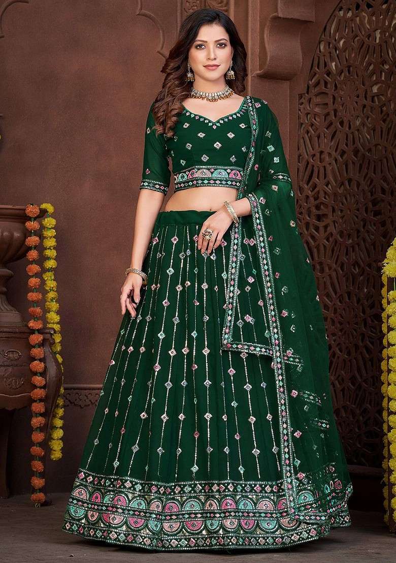 Green Emboridered Blended Lehenga Choli - Indya