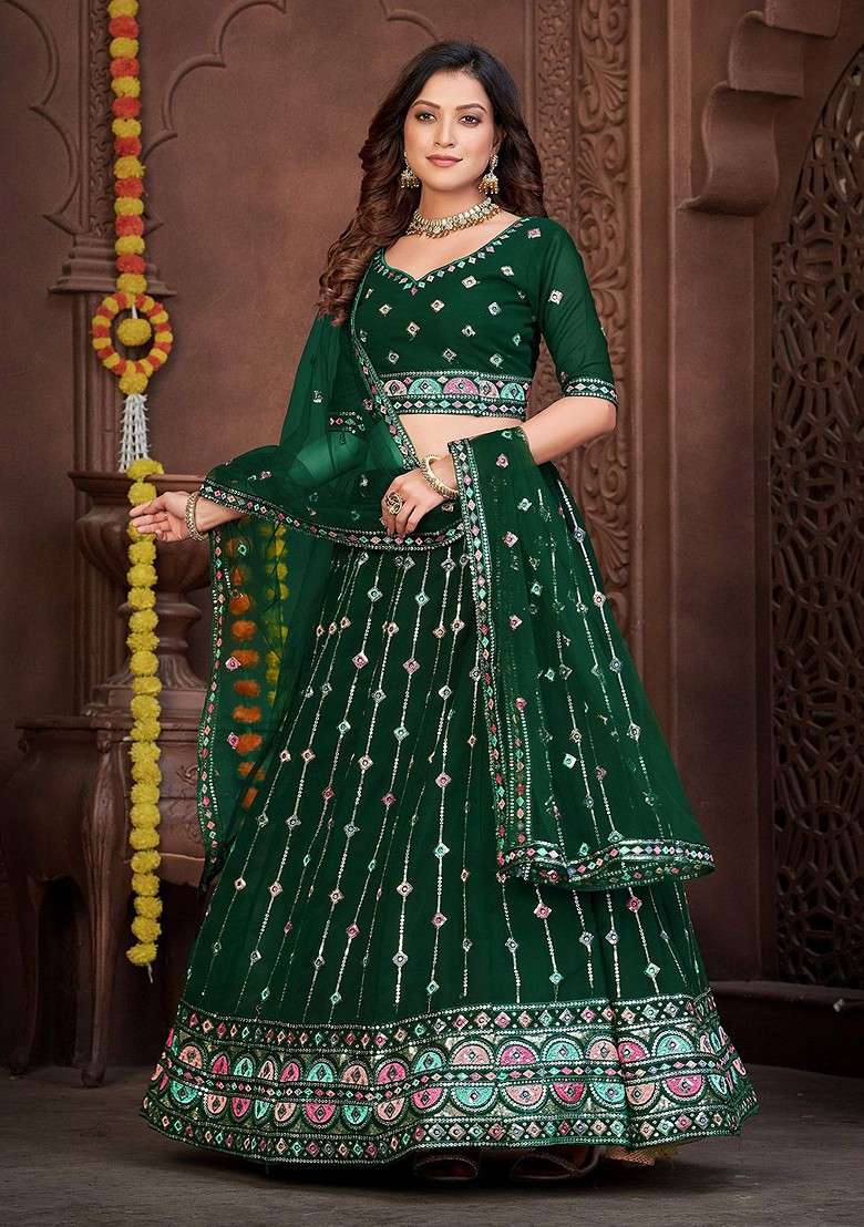 Green Emboridered Blended Lehenga Choli - Indya