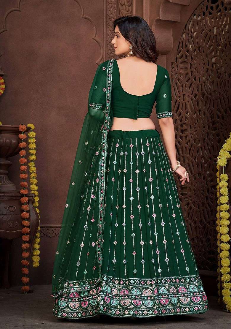 Green Emboridered Blended Lehenga Choli - Indya
