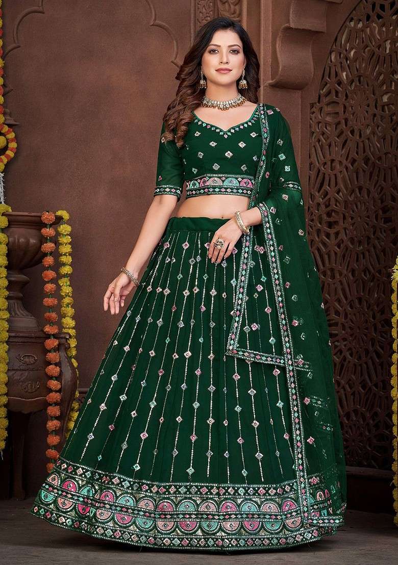 Green Emboridered Blended Lehenga Choli - Indya