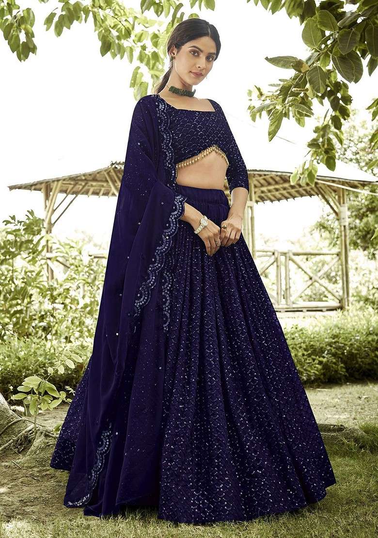 Blue Emboridered Blended Lehenga Choli - Indya