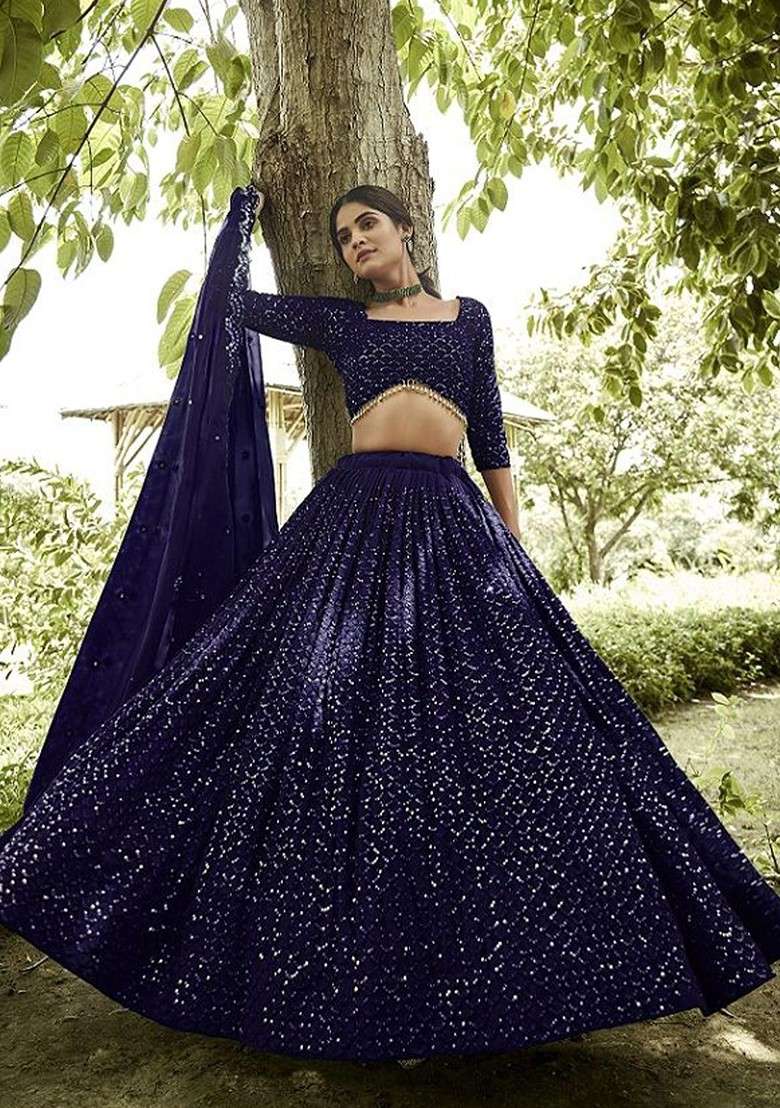 Blue Emboridered Blended Lehenga Choli - Indya