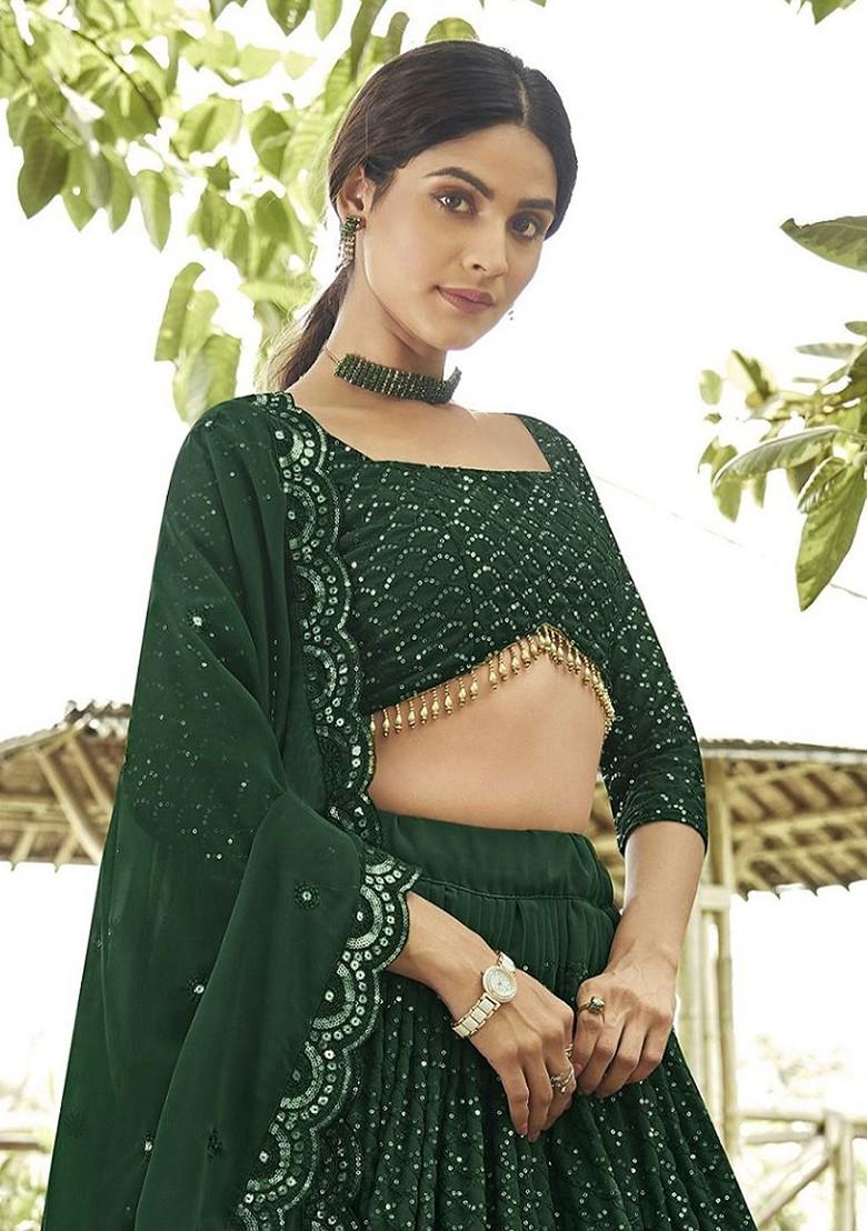 Green Embellished Blended Lehenga Choli - Indya