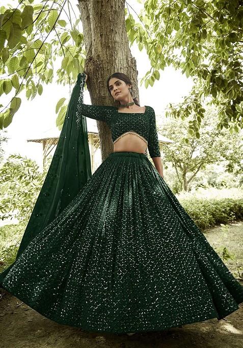 Green Embellished Blended Lehenga Choli