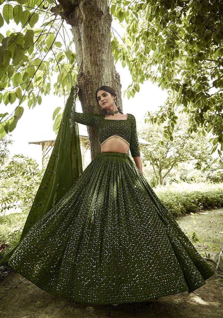 Green Emboridered Blended Lehenga Choli - Indya